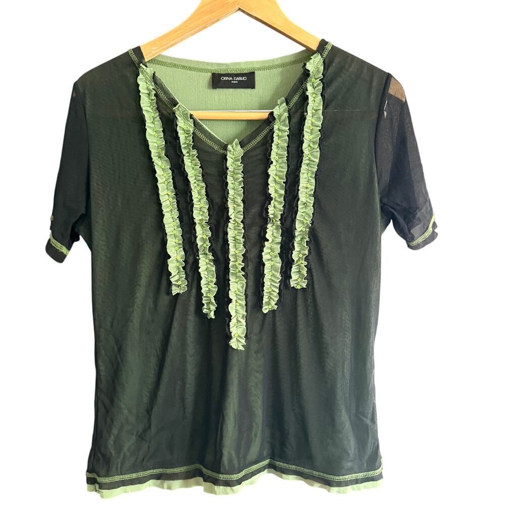 ORNA FARHO Paris | Y2K Vintage Green Double Mesh Ruffle V Neck Short Sleeve Top